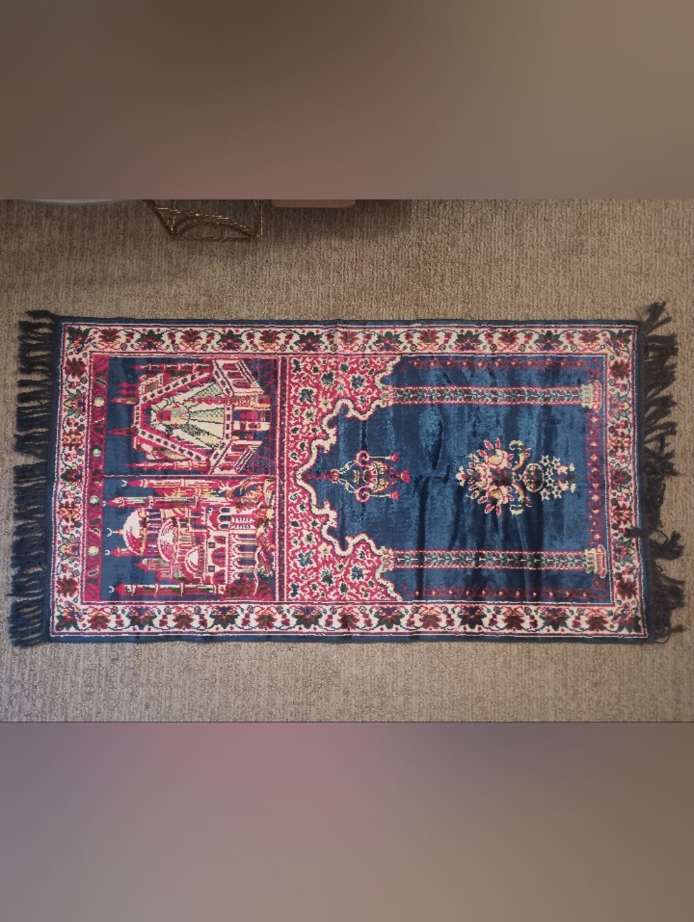 Vintage Blue & Red Velveteen Islamic Prayer Rug (Janamaz / Tapestry)